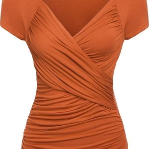 Cross-Front V Neck Ruched Cap Sleeve